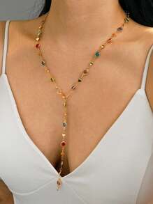 1/4pcs Vintage Metal Jesus Cross Pendant Y-Shaped Long Necklace, Boho Style Colorful Crystal Pendant Necklace Set, Suitable For Women Daily And Vacation Wear, Holiday Gift For Friends (Crystal Color Random)