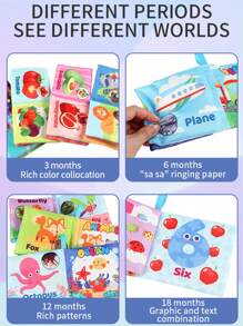 8 pièces Livre en tissu haute contraste avec papier sonnette - Livre en tissu jouet d'apprentissage précoce, stimulation visuelle lavable et développement cognitif pour les nouveau-nés de 0 à 6 mois