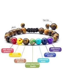 Choose 12 Natural Stones Handmade Adjustable 7 Chakra Beaded Bracelet, 8mm Natural Volcanic Lava, Tiger Eye, Turquoise Stones, Fashionable Meditation Healing Jewelry For Men And Women, Durable Rope Bracelet For Daily Wear, Perfect Spiritual Gift Or Lucky Charm - Multicolor - View 1