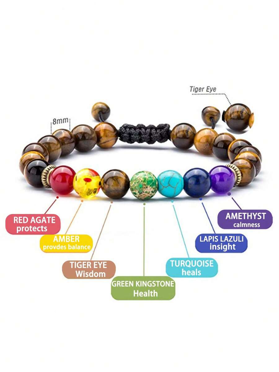 Choose 12 Natural Stones Handmade Adjustable 7 Chakra Beaded Bracelet, 8mm Natural Volcanic Lava, Tiger Eye, Turquoise Stones, Fashionable Meditation Healing Jewelry For Men And Women, Durable Rope Bracelet For Daily Wear, Perfect Spiritual Gift Or Lucky Charm - Multicolor - View 1