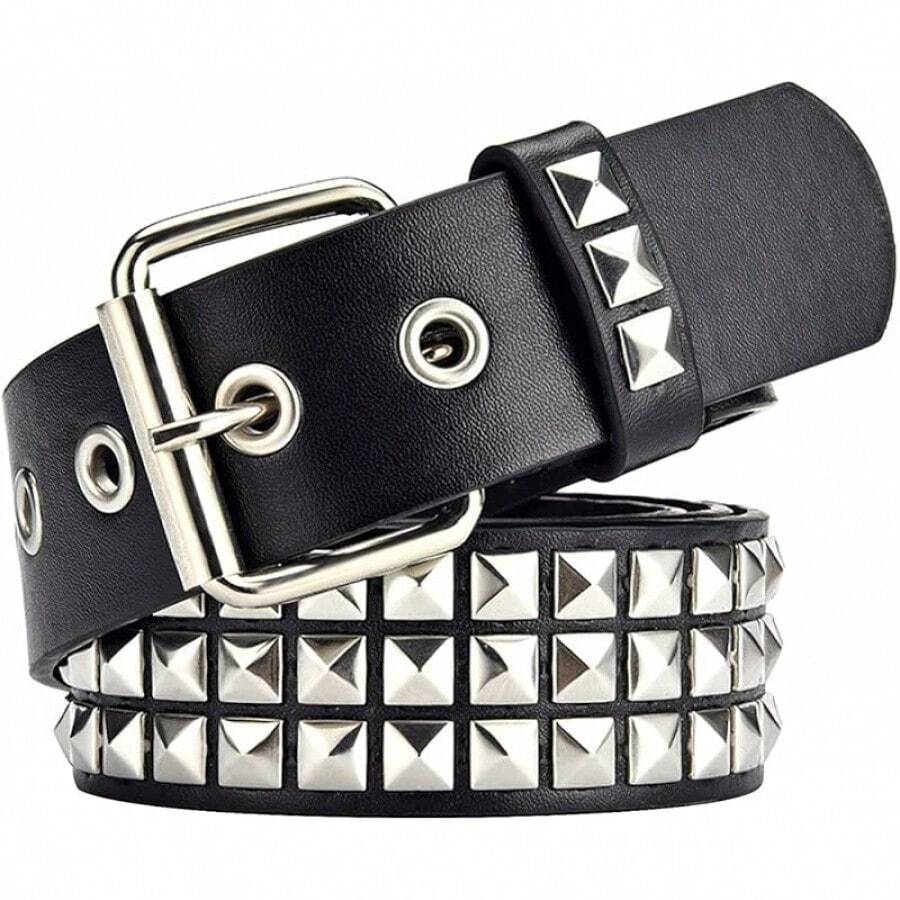 Studded Belt, Metal Punk Rivet Belt With Bright Studs Women And Men - Black - View 1