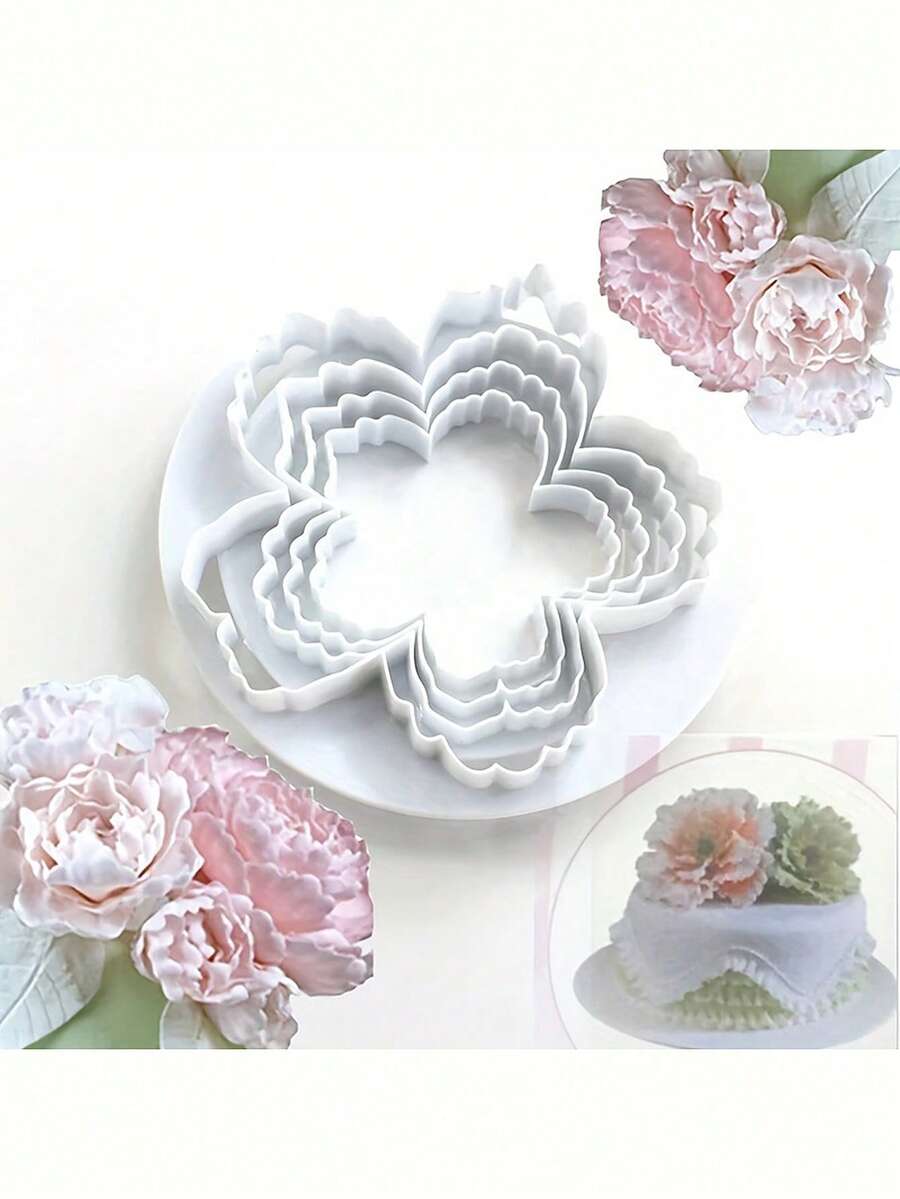 4pcs Peony Cutting Mold Simulation Baking Equipment Creative Plastic Biscuit Mold Material - White - View 1