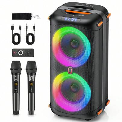  JYX Karaoke Machine With 2 Wireless Microphones, Portable Bluetooth Karaoke Speaker For Adults, Big Party PA System With Dicso Lights & Dual 6.5" Stage Subwoofers For Home Outdoor, Ideal Gifts For All