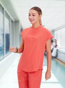 1 Set Solid Color Fashion Stand Collar Quick-Dry Elastic Nurse Uniform Set, Suitable For Women /Beauty Care/Office/Home, Including Top & Tapered Pants