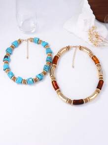 1 pieza Collar de doble capa de segmentos de bambú vintage exagerado personalizado, accesorio de joyería de uso diario casual para mujeres