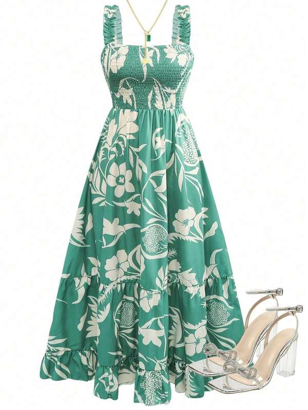 Plus Size Floral Print Ruffle Hem Tie Front A-Line Dress