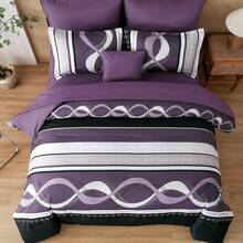 Purple Comforter Set King Size, 8 Pieces Bed In A Bag Patchwork Striped Comforter Set, Soft Microfiber Boho Bedding Set For All Season(90"*104") - 紫色 - 查看 5