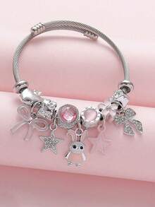 1pc Sweet & Cute Pink Bow, Heart, Lollipop Beaded Bracelet, Lovely Chain Bracelet For Teens, Best Gift For Daughter, Granddaughter, Friends - Multicolor - View 3