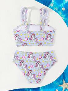 Starry Unicorn Print Young Girls Swimsuit Set - Multicolor - View 3