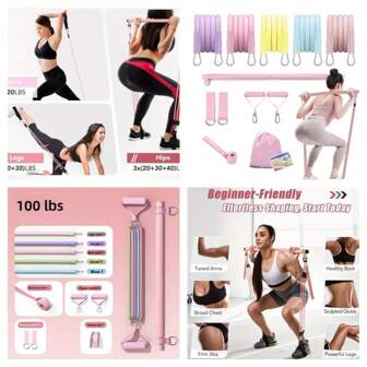 Set di dispositivo multifunzionale per lo stretching di spalle e schiena, bastoni Pilates, inclusi 5 fasce elastiche, attrezzatura fitness, adatto per gambe, fianchi, vita e braccia, adatto sia per uomini che per donne, per fitness, yoga e Pilates in casa, colore rosa