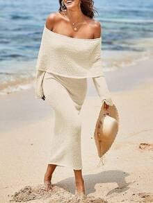 Saodimallsu Womens Off Shoulder Summer Maxi Dress Bell Long Sleeve Sexy Bodycon Strapless Sheer Beach Swimsuit Coverup - 米色 - 查看 2