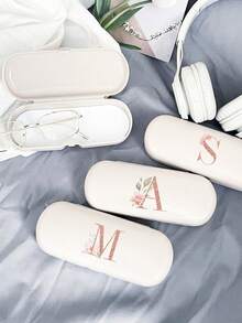 1pc Cream Solid Color Eyeglasses Case, New Minimalist Design, Portable, Waterproof And Dustproof (Small, Plastic Material) Letter Eyeglasses Hard Case - PU Leather A-Z Floral Print Eyeglasses Case - White - View 3