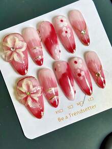 10 件中号椭圆形按压指甲，粉色 - 白色渐变色和 3D 花朵，手绘花瓣，金箔设计，100% 手工制作的丙烯酸指甲，可重复使用的指甲用品包括果冻胶、棒和指甲锉，适合女性日常或派对穿着