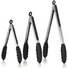 3-Piece Premium Stainless Steel Tongs Set With Silicone Handles - Food Safe, Metal Kitchen Utensils, Durable Cooking And Serving Tongs