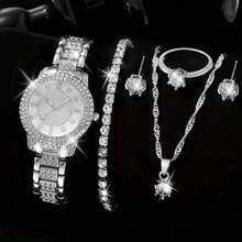 6 Piece Gorgeous,Fashion Jewelry Quartz Deluxe Set Treasure Tray Full Diamond Bracelet Quartz Watch And Cute Rhinestone Necklace, Earrings, Ring, Bracelet Accessory Set Suitable For Daily Wear, Back-To-School Season, Graduation Season, Friendship, Thanksgiving, Couples, The Best Gifts