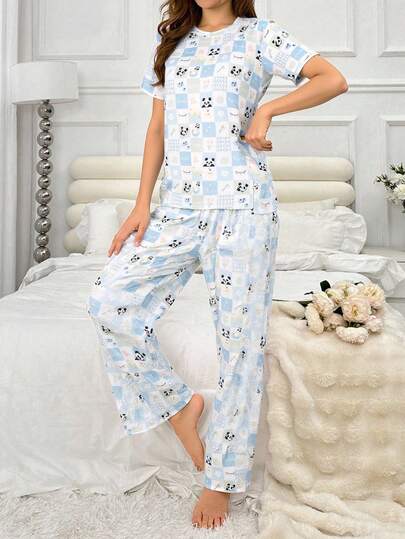 Pijama de mujer de algodón puro con estampado de cuadros de oso y corazón para San Valentín, camiseta con pantalón, ropa de casa, pijamas de mujer