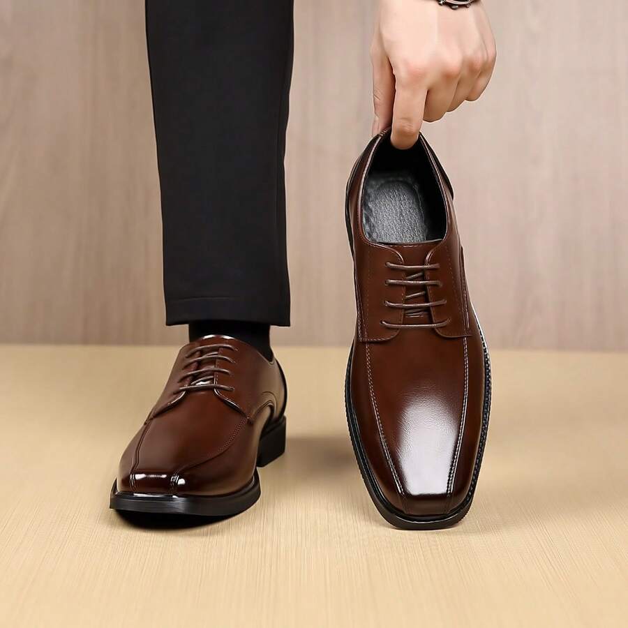 Herren einfarbige Quadratzehenspitze Schnürderbys, elegante Geschäfts-/Hochzeit Anzugschuhe, atmungsaktiv schwarz/braun, Sommer - Braun - Übersicht 1