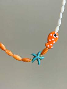 Collar de estilo bohemio con cuentas pintadas a mano con diseño de estrella de mar, cadena de la clavícula de pez payaso de cerámica naranja con lunares