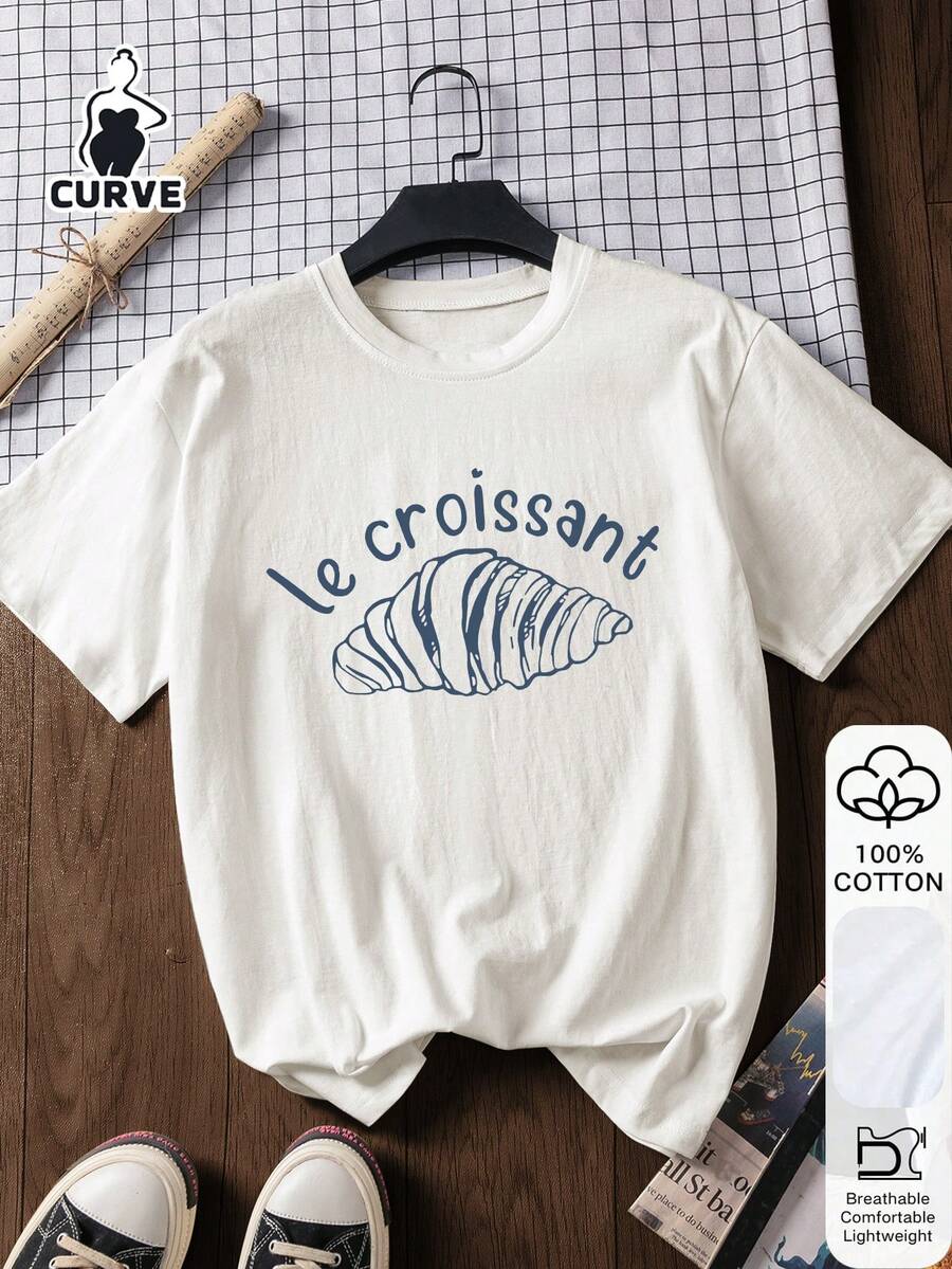 Plus Size Women's Casual 100% Cotton Croissant Print Short Sleeve T-Shirt, Chinese New Year, Lunar New Year, Year Of The Horse, Spring Festival, Happy New Year, Valentine's Day - White - View 1