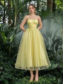 Faeriesty Prom Dresses Solid Strapless Swiss Dot Tulle Prom Homecoming Dress Perfect For Back To School, Gathering, Dance & Cocktail Events - Yellow - View 6