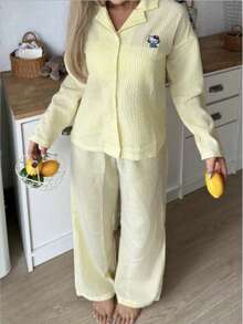 Hello Kitty 2 piezas Conjunto de pijama para mujer con estampado de rayas, botones y manga larga, top + pantalones - Amarillo - Ver 2