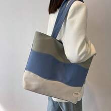 Large Capacity Canvas Tote Bag For Women, Contrast Color Patchwork Shoulder Bag For School, Commute - Multicolor - View 5