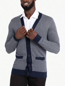 Men's Herringbone Cardigan Sweater - White/Navy - View 4