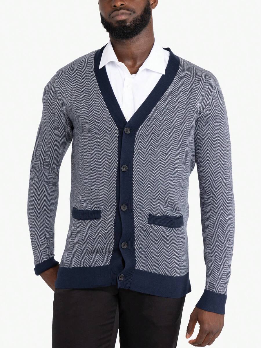 Men's Herringbone Cardigan Sweater - White/Navy - View 1