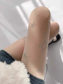 1 Pair Super Thin Apricot Color Rhinestone Studded Sexy Fashion Pantyhose, Suitable For Fashionable Wear, Cozy - Apricot - View 2