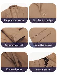 4 Pcs Men Blazer Jacket Vest Pants Stripe Tie Lapel Collar Two Button For Evening Prom Dinner Wedding Banquet Men Classic Commuting Suit - 駝色 - 查看 3