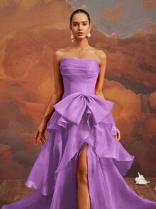 VIPGIRL Elegant Purple Strapless Bow-Tiered High Slit Gown, Floor-Length Formal Evening Dress, Women's Prom Dress, Chic Cocktail Party Dress, Glamorous Banquet Gown, Women Formal & Evening Dresses,Princess Style Bridesmaid Dress,Wedding Guest Dress