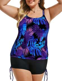 Top de tankini a rayas con estampado y shorts a juego de dos piezas para mujer de talla grande - Rosa Rojo Negro - Ver 5