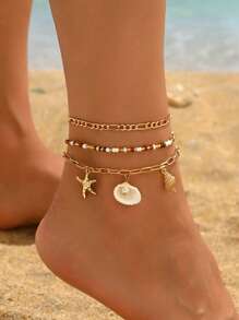 3 Stücke/Set bohemianischer Stil Natürliche Muscheln & Künstliche Perlen Mehrschichtiges Fußkettchen, handgefertigter Schmuck für Frauen, modisch & vielseitig für den täglichen Gebrauch, Strand, Party, Musikfestival