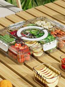 1pc Refrigerator Storage Box With Dividers, PET Portable Drainage Fruit & Vegetable & Egg & Spice Sealed Container - Transparent - View 3