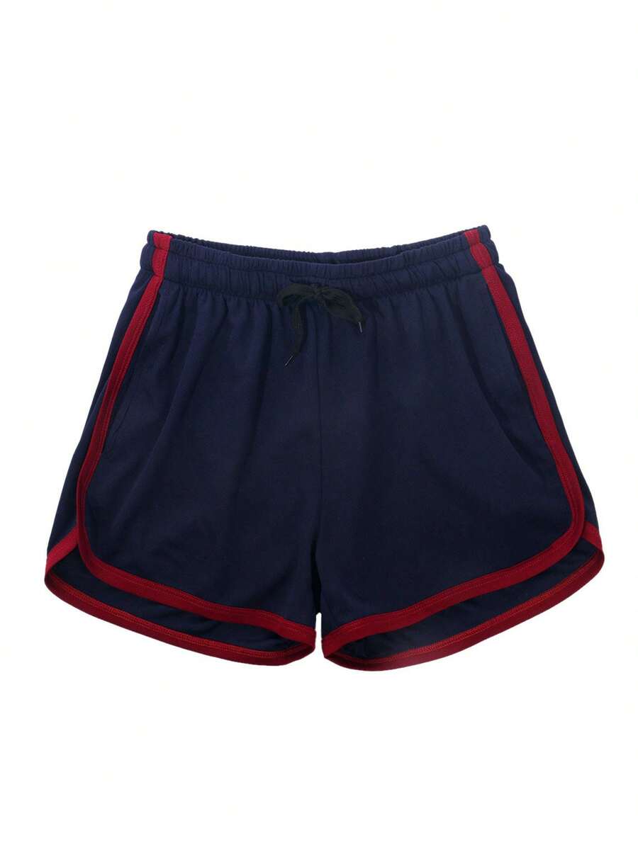 Men Summer Athletic Outfits, Color Splicing Drawstring Elastic-Waist Sports Running Shorts For Boys - Màu xanh hải quân - Xem 1