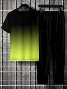 Set de 2 piezas compuesto por camiseta de manga corta con cuello redondo y estampado degradado "Rey" y pantalones de longitud completa para hombre - Verde Oliva - Ver 3