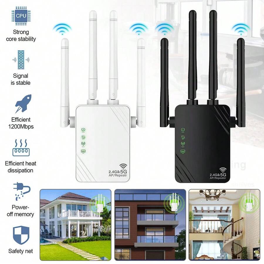 1200Mbps WiFi Extender Booster, WiFi Booster WiFi Extender With Compact Design, WiFi Extender Booster With Ethernet Port, WiFi Booster Range Extender For Any Router, 5GHz & 2.4GHz - Black - View 1