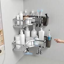 Corner Shower Caddy, Adhesive Shower Shelves No Drilling [2-Pack], Rustproof Stainless Steel Bathroom Organizer Wall Mounted With 8 Hooks - Silver - View 1