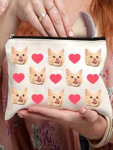Tas Kosmetik Bertema Kucing Kustom, Hadiah Bertema Kucing yang Lucu, Tas Kosmetik Perjalanan Kecil untuk Pecinta Hewan Peliharaan, Kantong Penyimpanan dengan Resleting - Krem - View 2