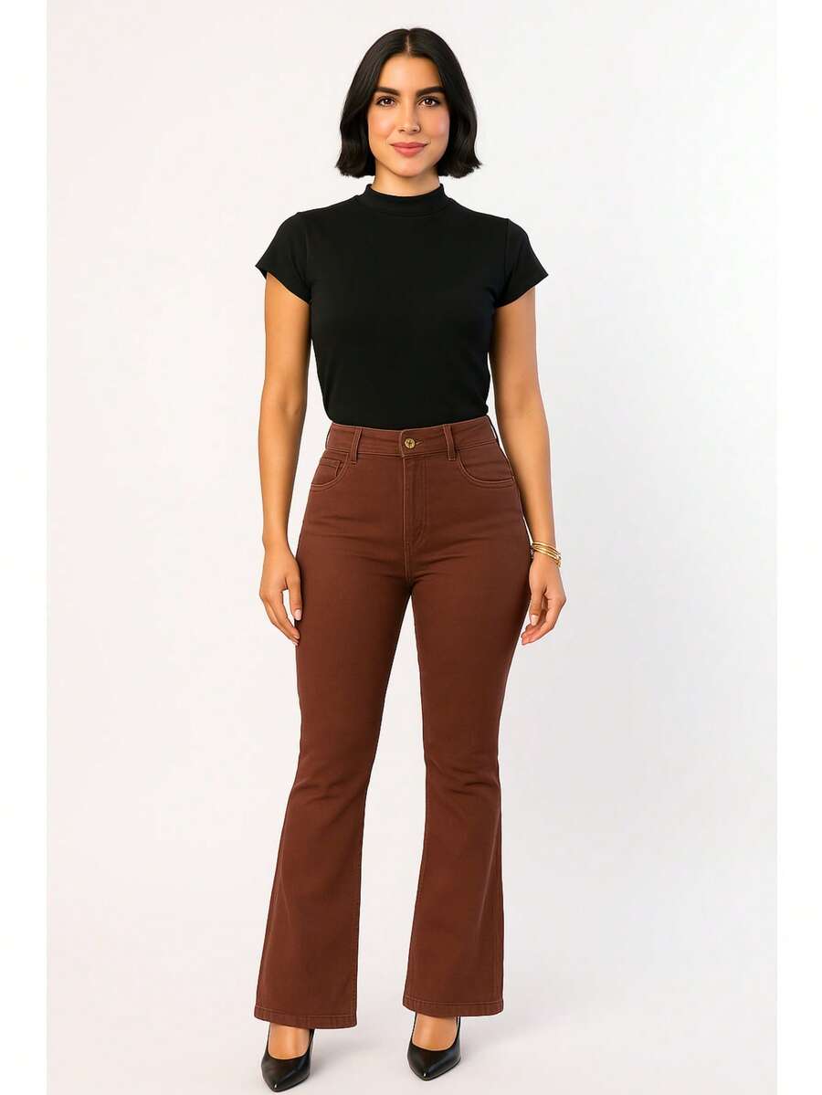Flare Jeans High Waisted Simple Casual Elegant Jeans Button Evening Holiday Daily Travel Autumn Winter - Rust Brown - View 1