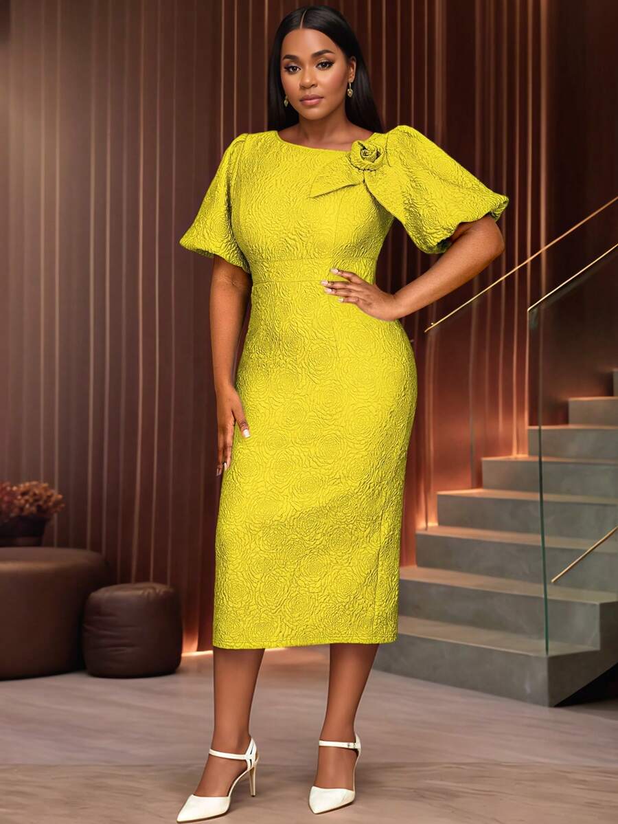 Bodycon Jacquard Elegant Party Graduation Dresses Short Lantern Sleeves 3D Flower Skew Collar Date Out For Birthday, Wedding Guest, Graduation, Dinner, Homecoming - Yellow - View 1