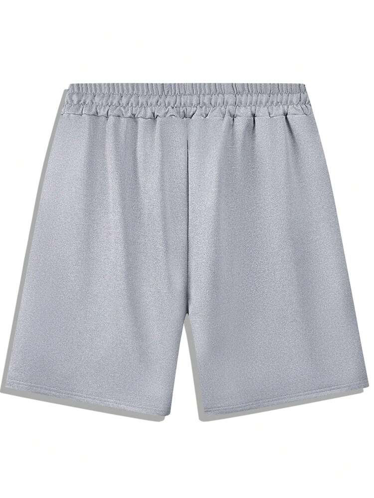 夏季新款男士短裤简约印花图案休闲运动常规大码松紧腰抽绳裤旅游度假沙滩裤 - 淺灰色 - 查看 2