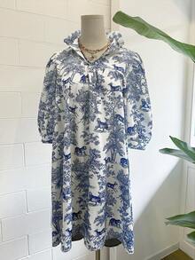 度假风植物动物蓝白瓷器图案休闲舒适V领短袖印花连衣裙，女士优雅款 - 藍白色 - 查看 7