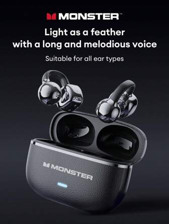  MONSTER MQT65 蓝牙耳机，入耳式开放式，5.4 高清通话，智能降噪，低延迟，超长电池寿命，运动舒适佩戴，无线耳机兼容智能手机和电脑耳夹
