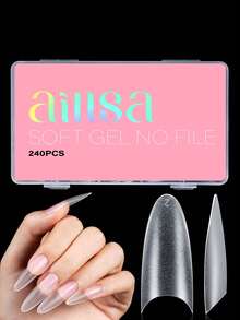 240 件中细高跟/短棺材/中棺材/中椭圆/短椭圆盒装指甲片，12/15 尺寸半覆盖亚克力假指甲，用于美甲沙龙家居 DIY、指甲延长美甲按压指甲美甲用品