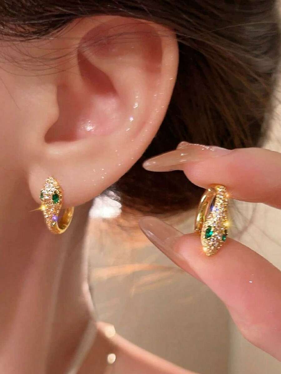 1 Pair White Snake Hoop Earrings, Fashionable & Versatile Women Earrings - Yellow Gold - View 1