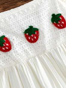 Young Girl Fashion Casual Solid Striped Hollow Embroidered Fruit Decor Short Cap Sleeve Square Collar Top With Elastic Waist Straight Pants, Suitable For Daily, Outdoor, Streetwear, Sports, Vacation In Summer - Beige - View 5