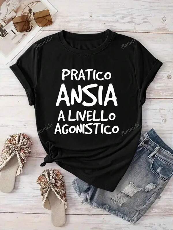 Maglietta da donna in giallo chiaro con stampa di frasi italiane - "Practico Anisia Vive L'Angoscia", maglietta casual a maniche corte e scollo tondo, adatta per primavera/estate, lavabile in lavatrice, ideale per vacanze e streetwear, maglietta italiana, stile streetwear, morbido e traspirante, stampata