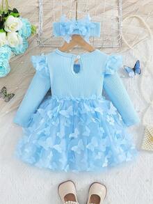 Baby Girl Spring And Autumn Blue Long Sleeve Round Neck Lace Butterfly Mesh Dress Princess Cute Party Two-Piece Set - Blue - View 2