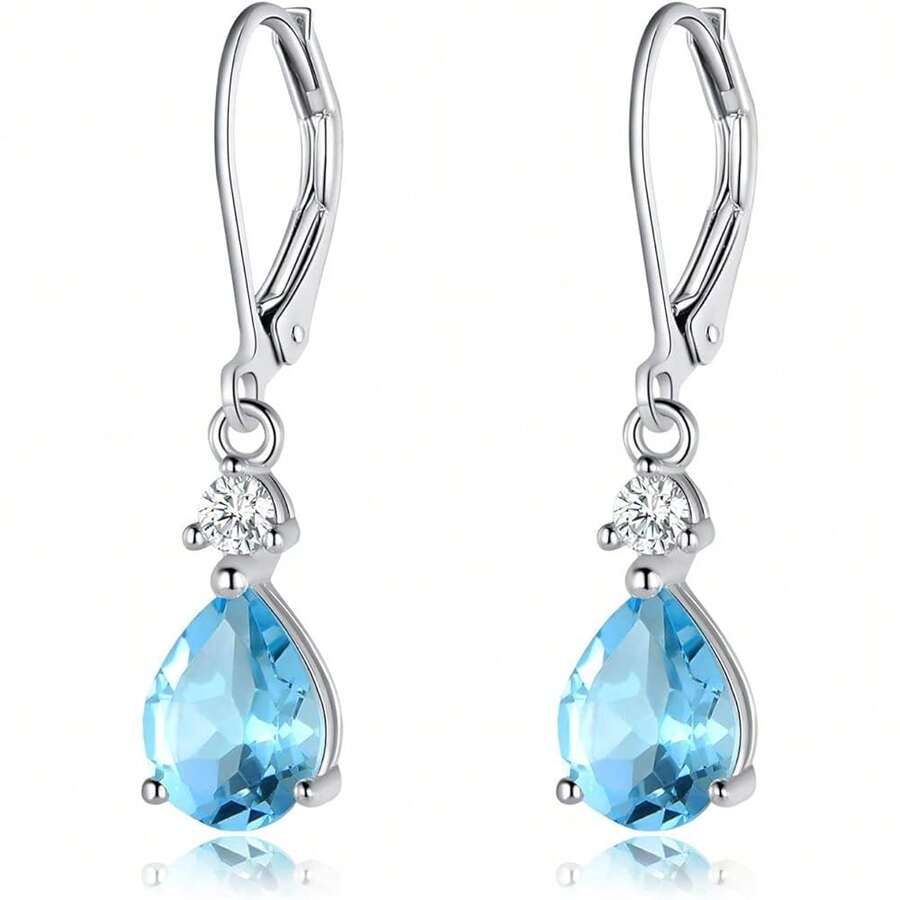 New 92 Sterling Sier Blue Topaz/Amethyst/Rainbow Quartz CZ Teardrop Leverback Earrings Drop Dangly Gemstone Earings Hypoallergenic Birthday Jewelry Gifts For Women - B-Natural blue topaz - View 1